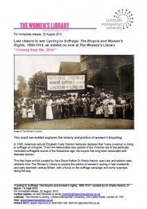 Click for Press Release, Cycling to Suffrage Exhibit Closing Sept 8